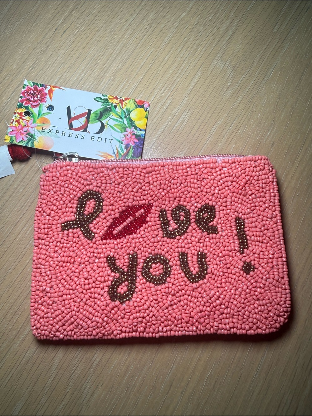 Express Edit Coral Beaded 'Love You' Zip Clutch